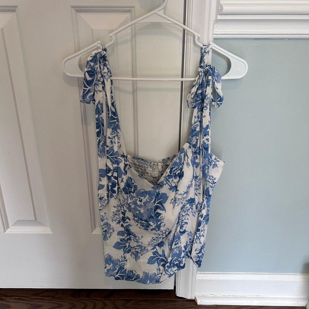 Reformation Blue and White Floral square neck top